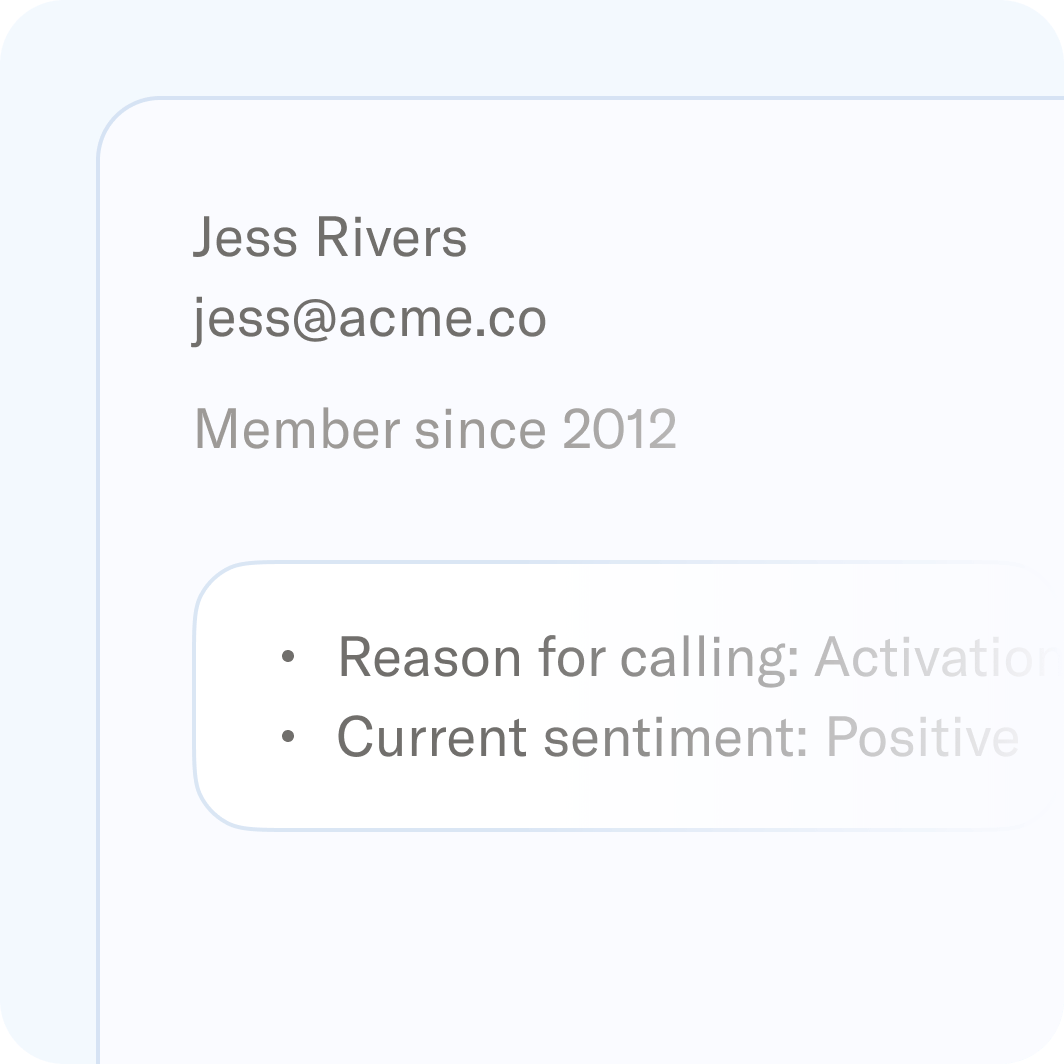 User profile for Jess Rivers (jess@acme.co), member since 2012, with reason for calling: Activation, and current sentiment: Positive.
