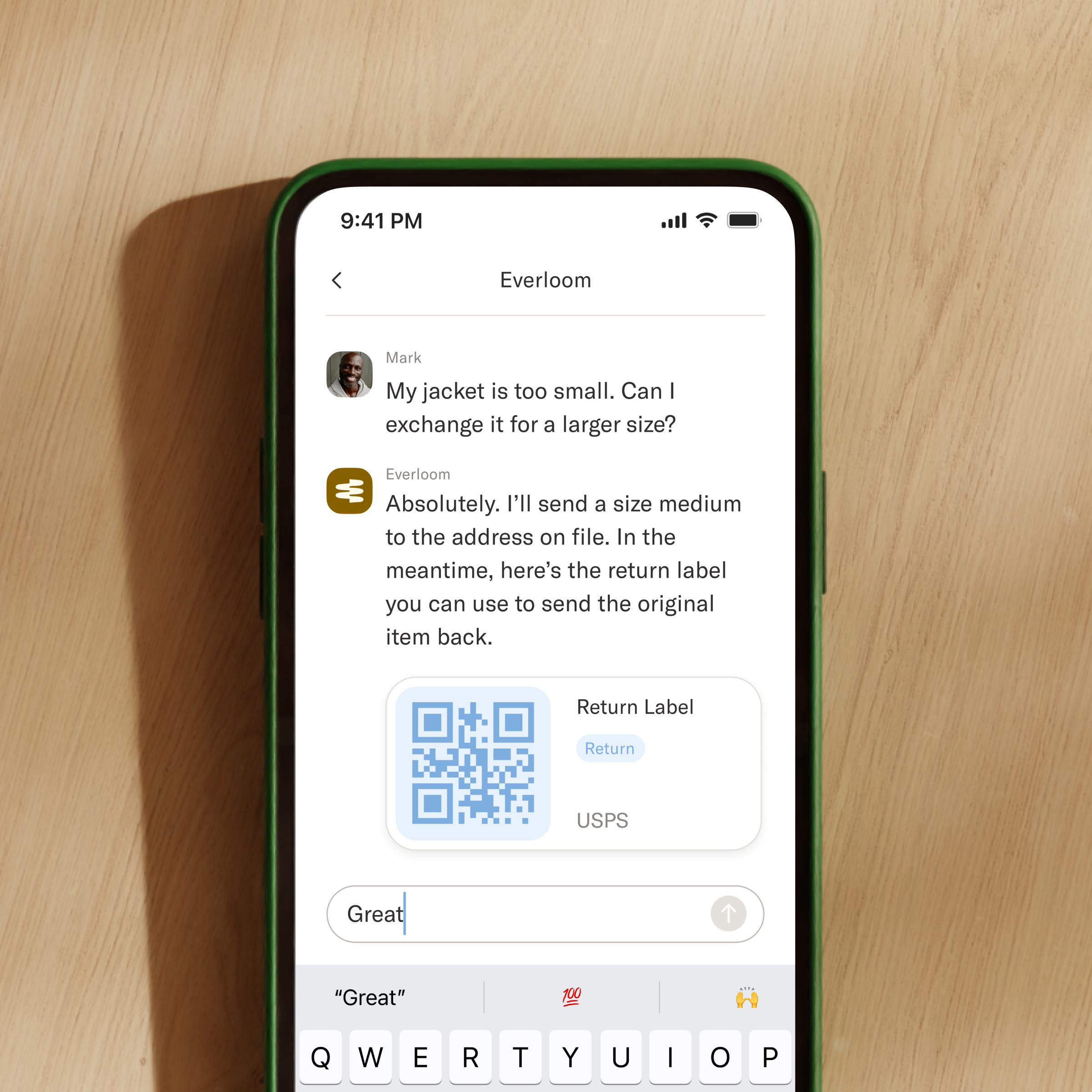 A smartphone screen shows a customer service chat where a user requests a jacket exchange, and the company provides a return label with a QR code.