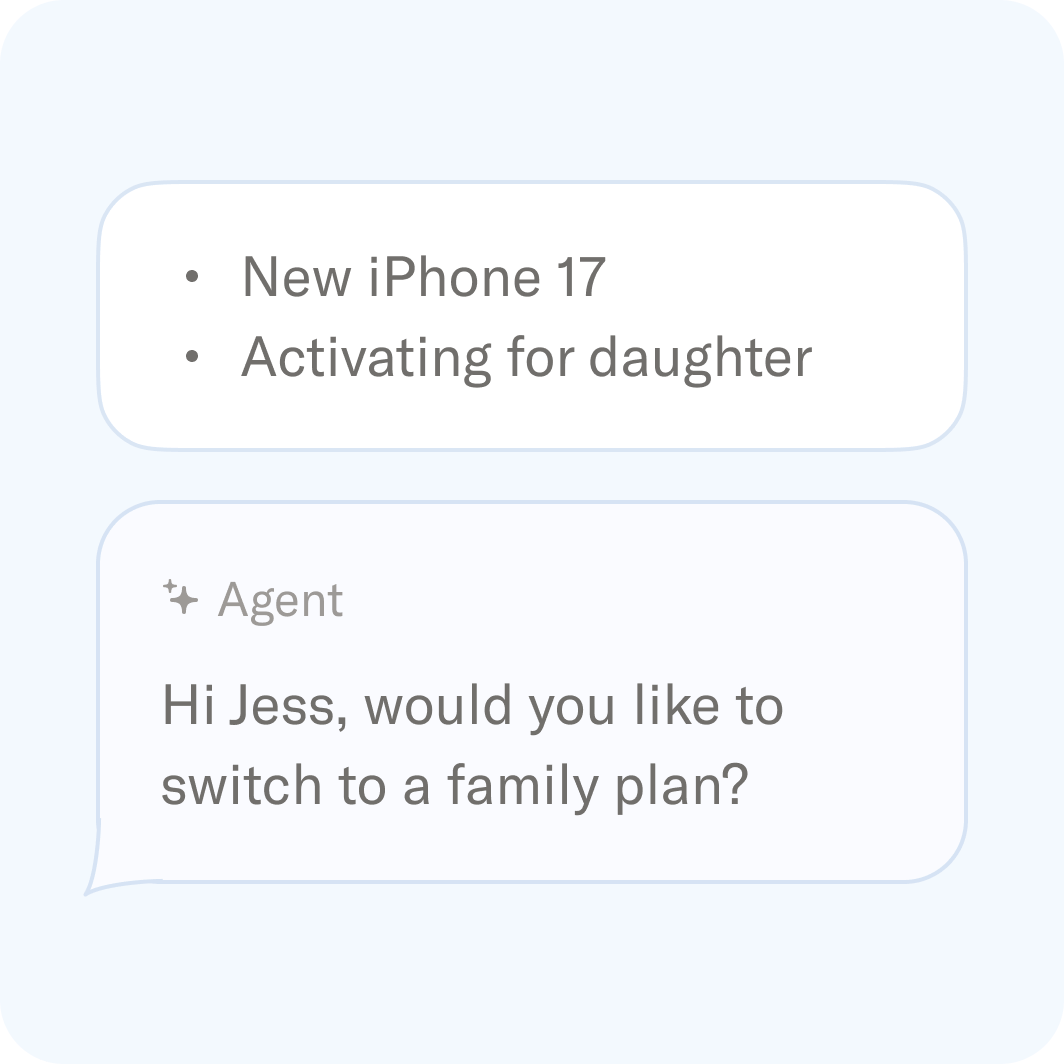 Chat about activating a new iPhone 17S for a daughter, with an agent suggesting a family plan.