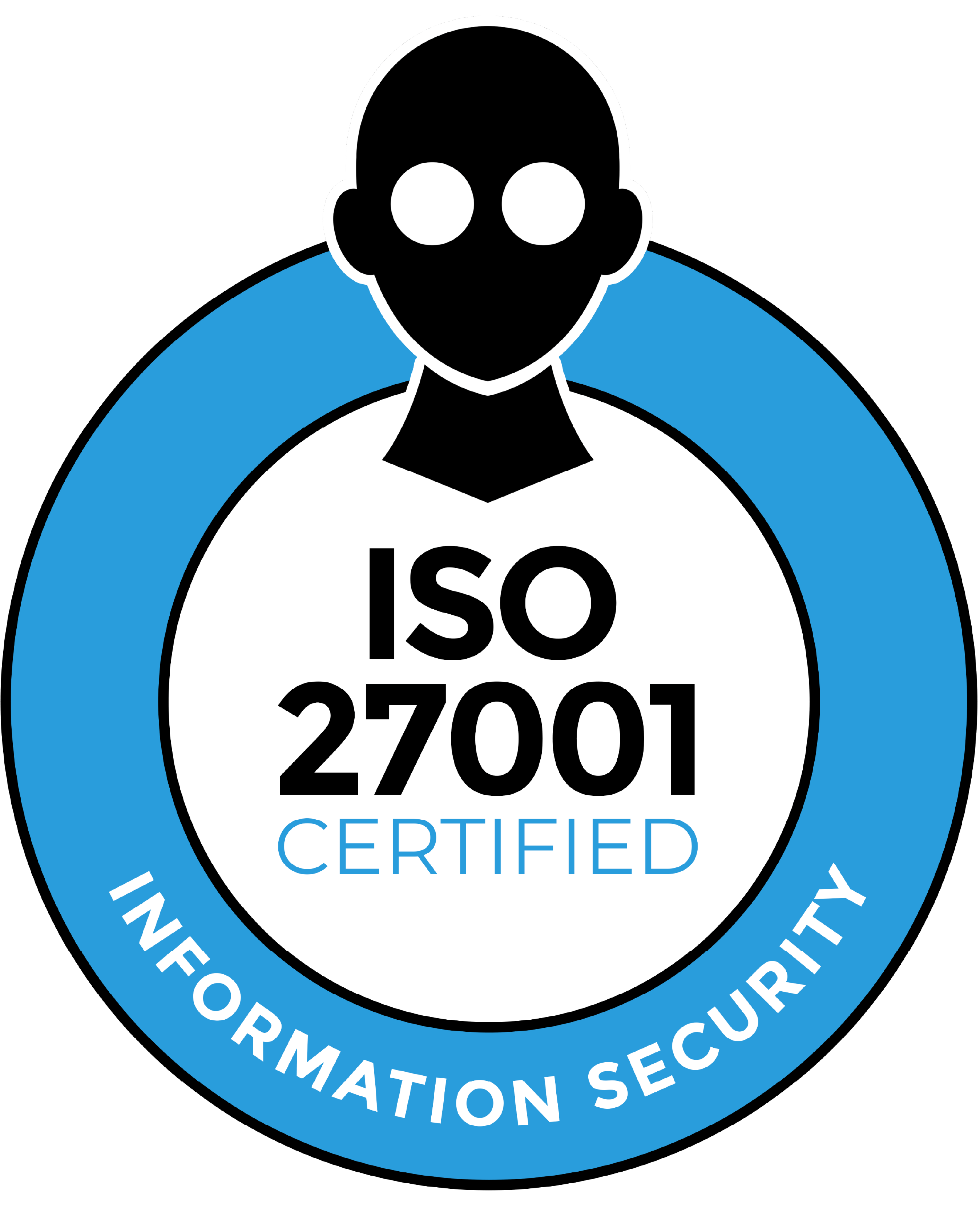 ISO 27001 Certified Information Security badge with a person icon.