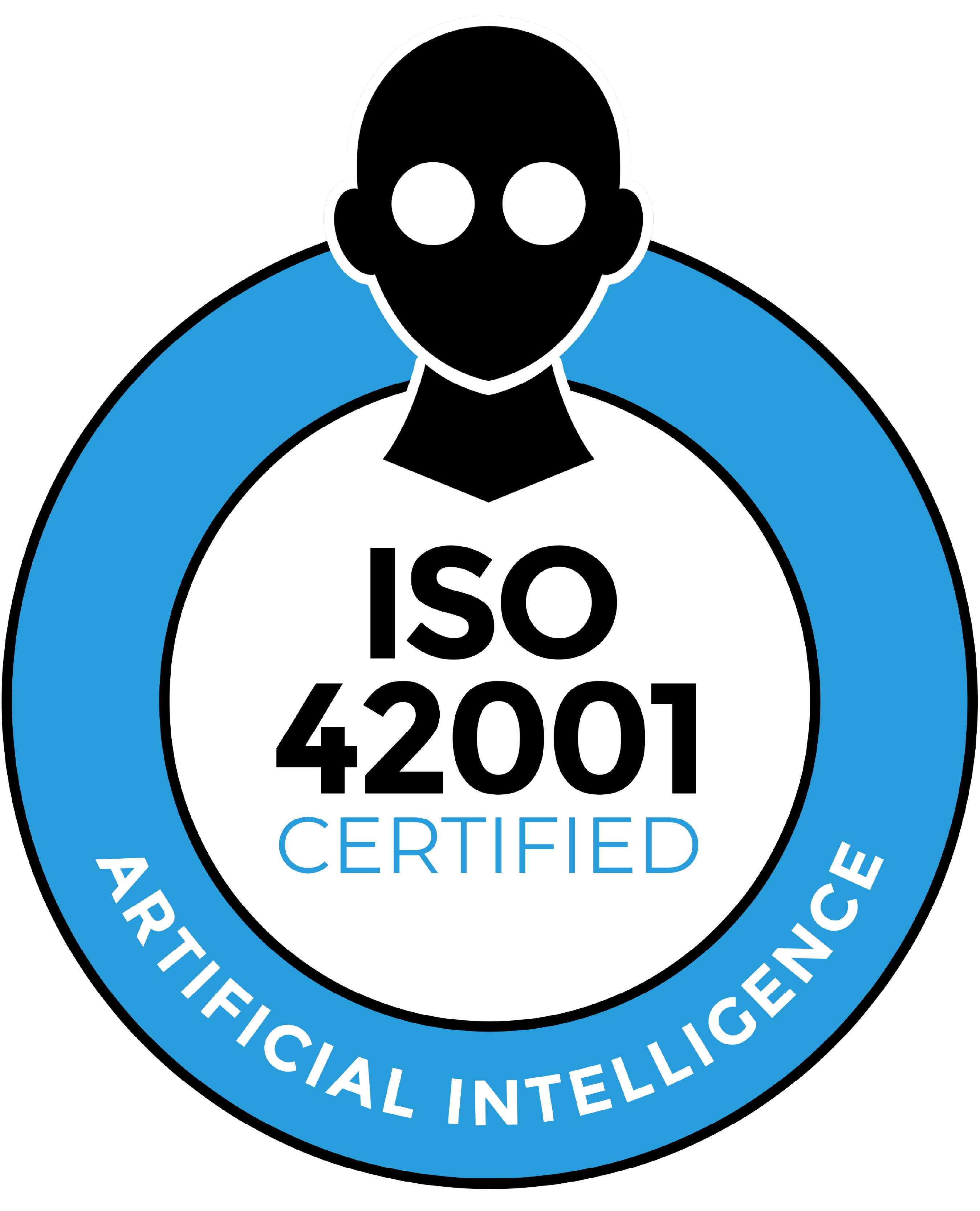 ISO 42001 Artificial Intelligence Certified logo, featuring a stylized human silhouette.