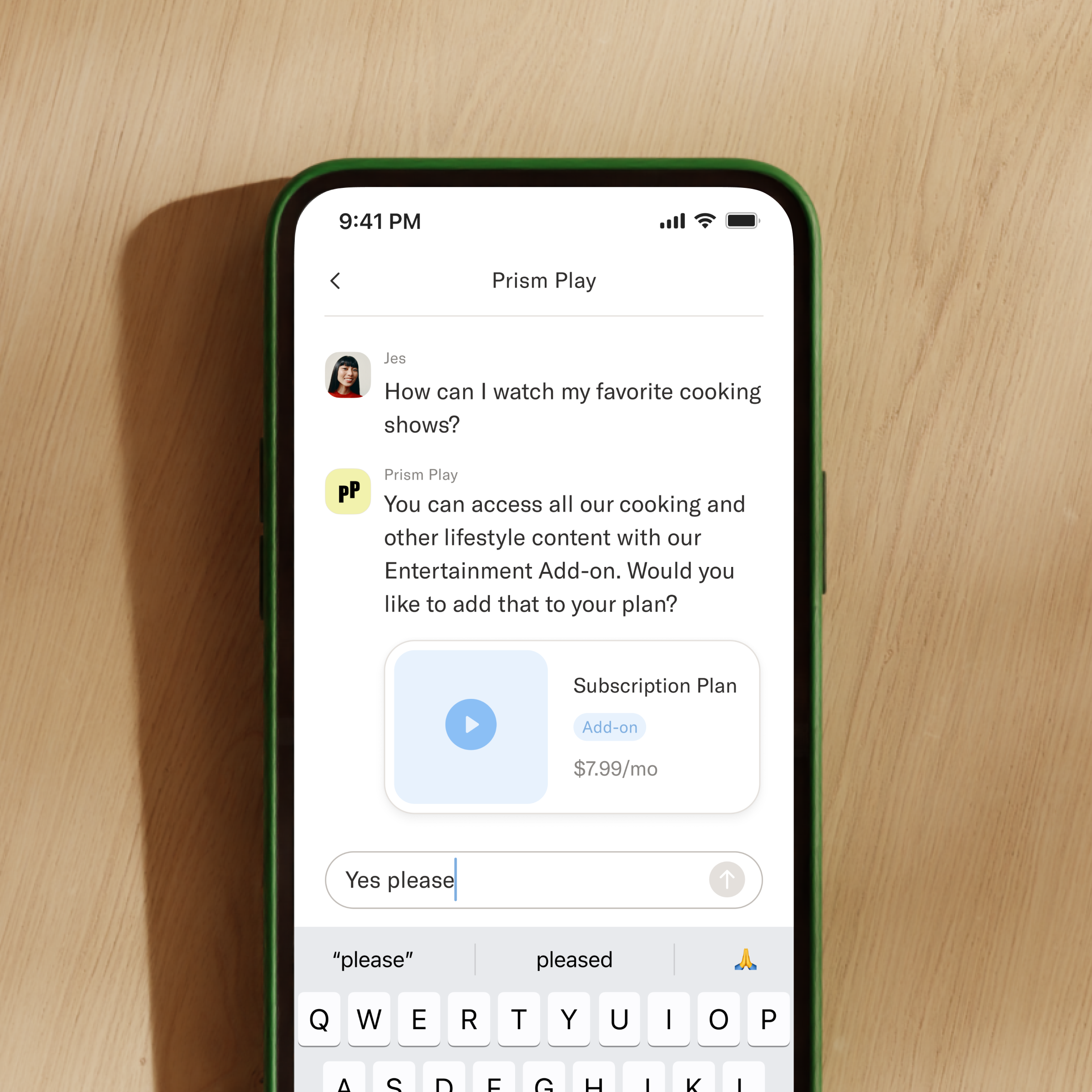 Image of a phone showing a chat discussion between a customer asking about watching cooking shows and a customer service agent responding that they can access lifestyle content with their Entertainment Add-on.
