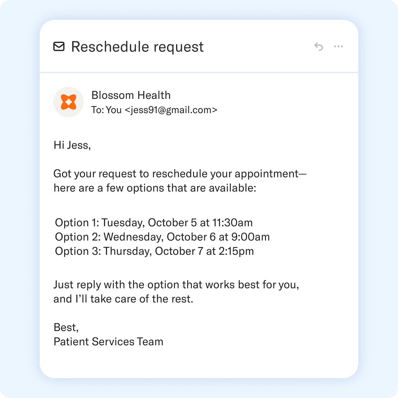An email from Blossom Health offering three appointment rescheduling options for October 5, 6, and 7.